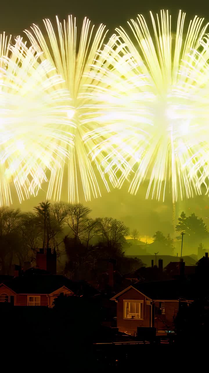 Vertical video: Igniting launch tubes sending pink fireworks over rooftops, with golden cascades