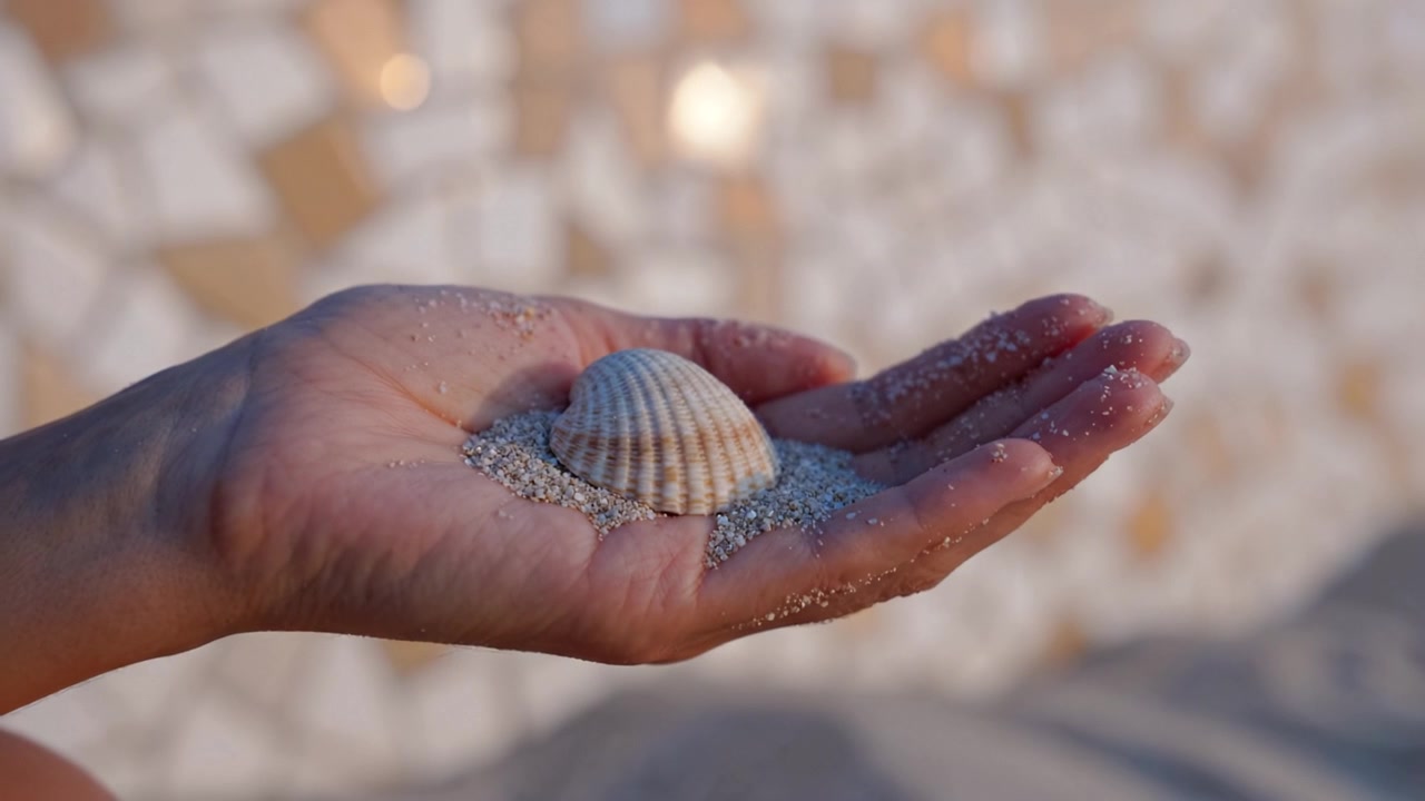 A hand gently cradles a beautiful seashell resting atop fine sand, capturing the essence of nature's beauty against a blurred mosaic background of soft colors.