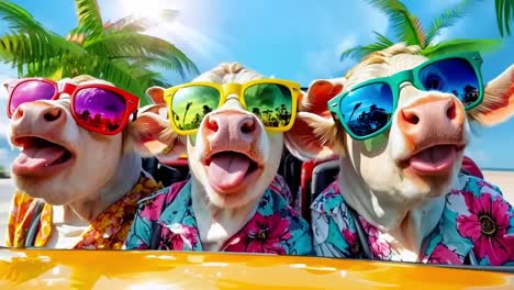 three cows wearing sunglasses sticking out their tongues in a car