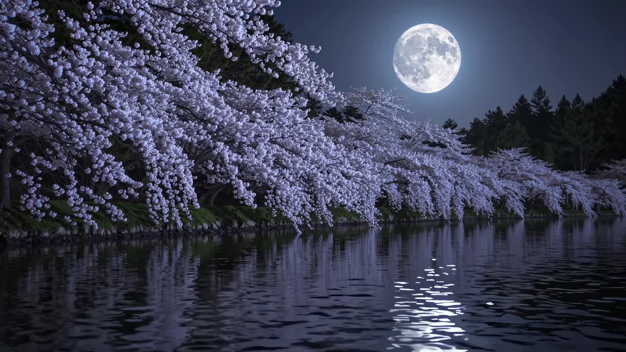 寧靜的夜景影片，河畔櫻花在滿月下盛開，從低角度捕捉。