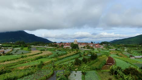 Aerial-view-of-village-and-mosque-amid-rice-fields-by-Mount-Telomoyo,-Indonesia