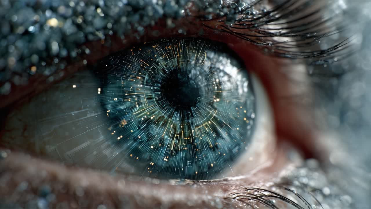 A Close-Up View of a Futuristic Eye Embellished with Glittery Particles, Featuring a Complex Irris and a Twinkling, Cybernetic Design Captured in Stunning Detail