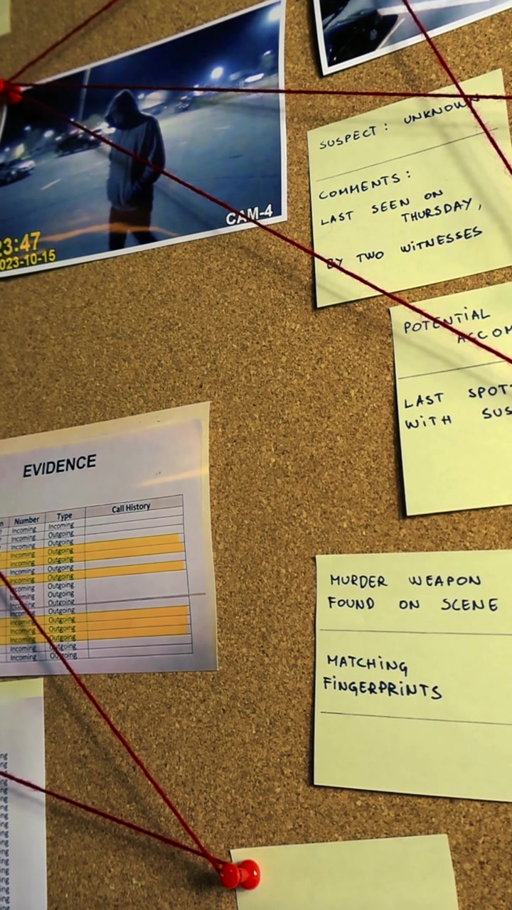 Corkboard with clues from a murder investigation, showing photos of suspects, the murder weapon, and documents with a red thread connecting the pieces of evidence together