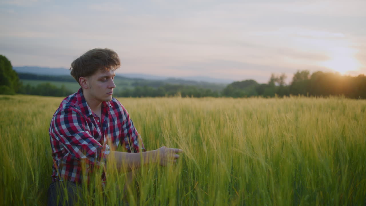 황금빛 해가 지는 가운데 잔디에 있는 슬픈 남자