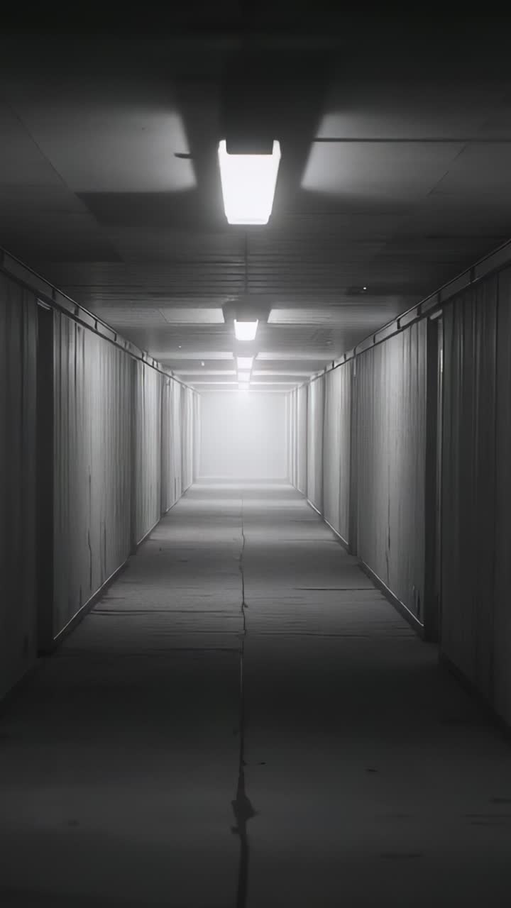 Vertical video: Drawing eye, narrow service tunnel pulling view as exit light growing, fluorescents