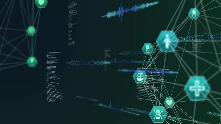 Dotted data trail causing shift, right hex nodes focusing, icons lighting, linking medical data