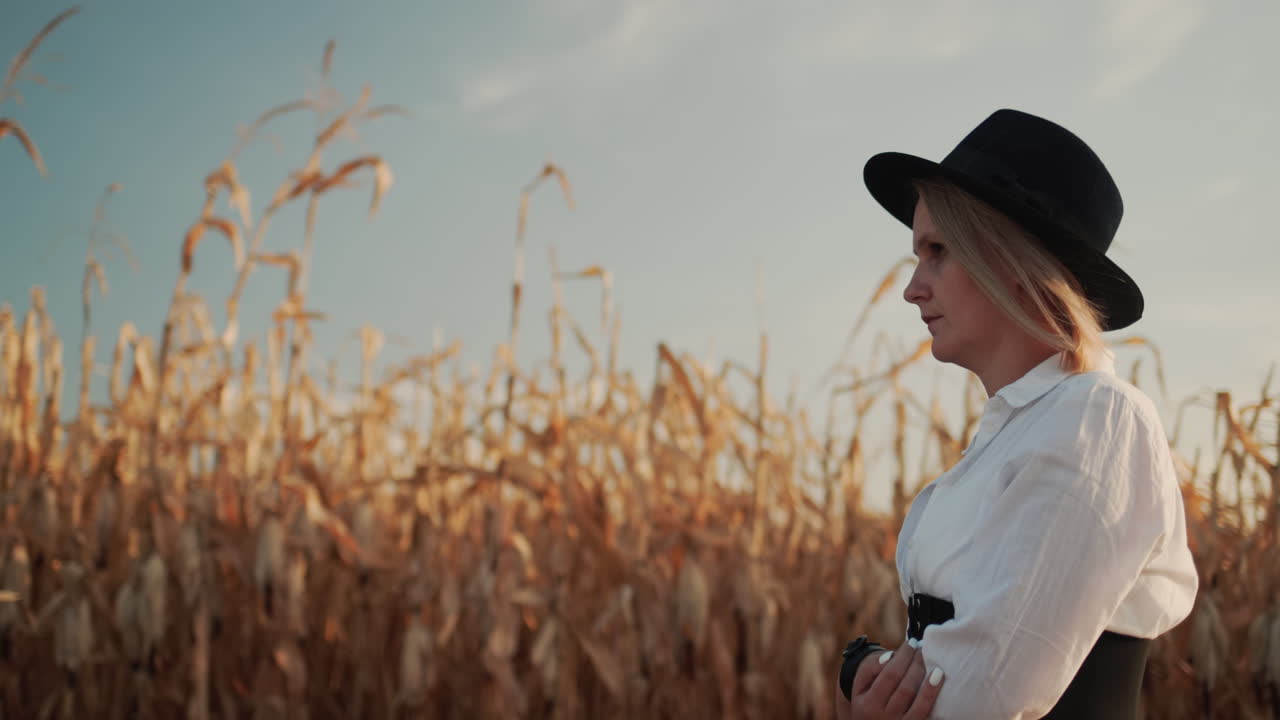 granjero con vestido y sombrero camina en un campo de maíz maduro 8