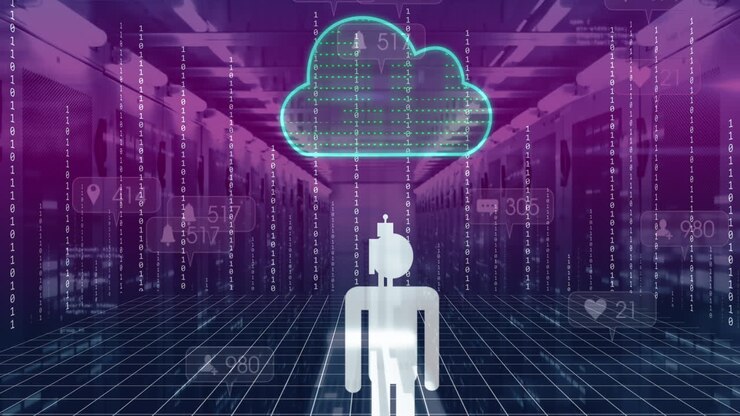 Animation of ai data processing and people icons over server room, cloud and binary coding