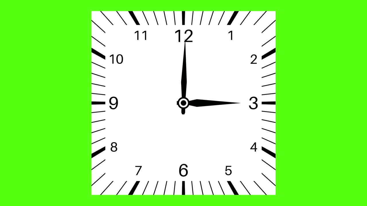 movimiento de bucle de reloj cuadrado desde el mediodía hasta la medianoche. cara de reloj blanco en fondo de tecla de croma verde. video animado 4k