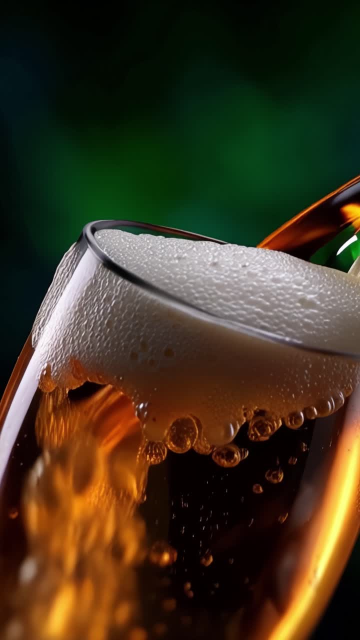 Uno splendido versamento di birra rinfrescante in un bicchiere di cristallo con bollicine e schiuma, che crea un'atmosfera invitante perfetta per il relax e il piacere.