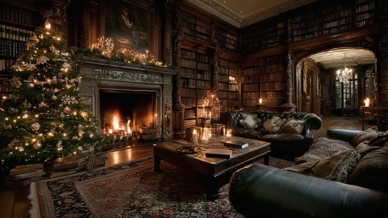 A Cozy Christmas Evening in a Luxurious Library, Adorned with Twinkling Lights and a Glowing Fireplace That Creates a Warm, Inviting Atmosphere for the Holidays