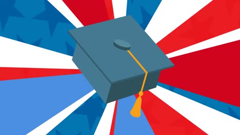 animation of mortarboard over rotating radiating red, white and blue lines