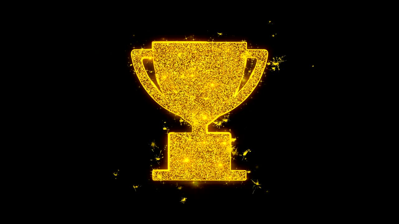 el icono de la copa de trofeo gana partículas de chispas en el fondo negro.