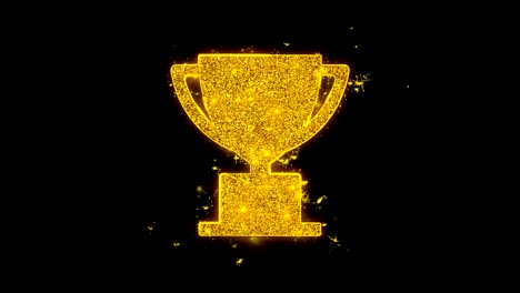 trophy win cup icon sparks particles on black background.