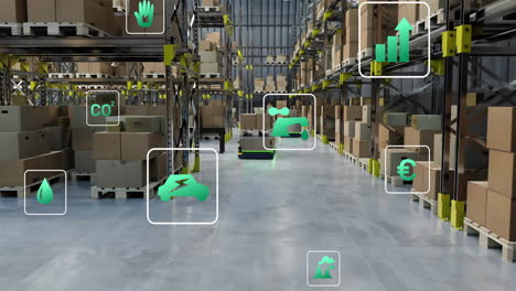 animation of ecology icons over warehouse