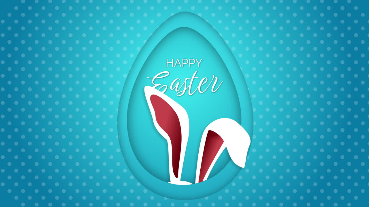 Festive animation with Easter bunny in egg shape. Blue background with polka dot pattern. Happy Easter text. Looped screensaver.
