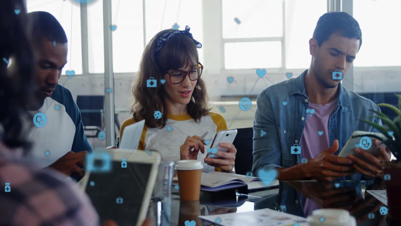 Network of connection icons against office colleagues using electronic devices