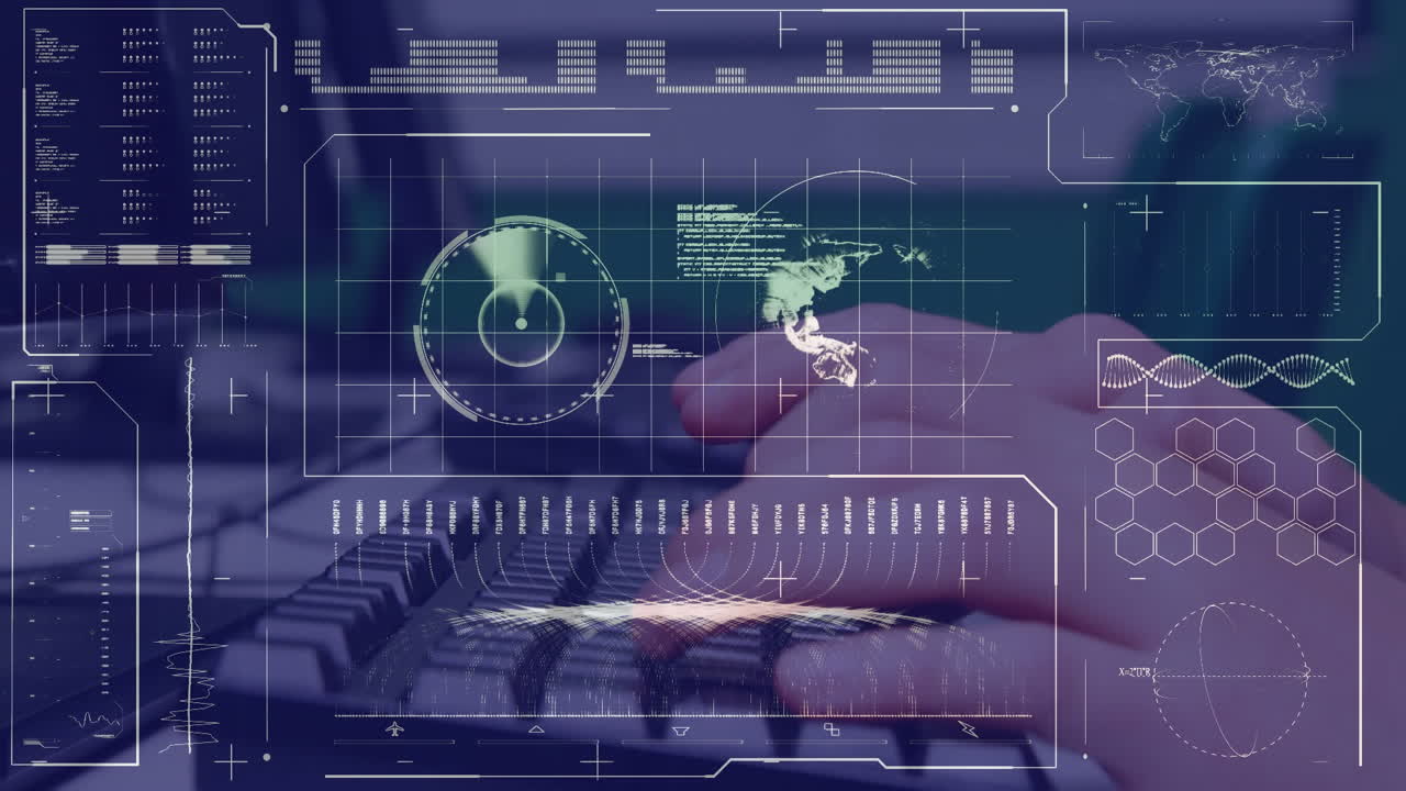 animación del procesamiento de datos financieros sobre el hombre caucásico usando el teclado de la computadora.