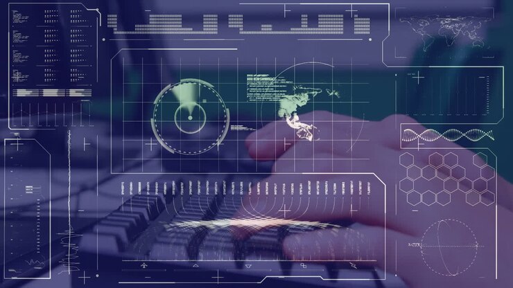 Animation of financial data processing over caucasian man using computer keyboard