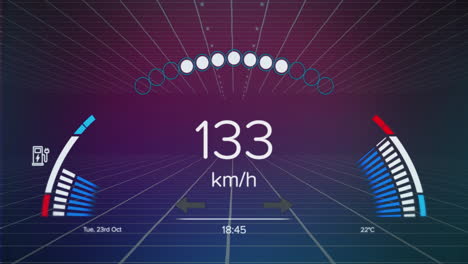 animación del velocímetro sobre la red contra un fondo de gradiente púrpura
