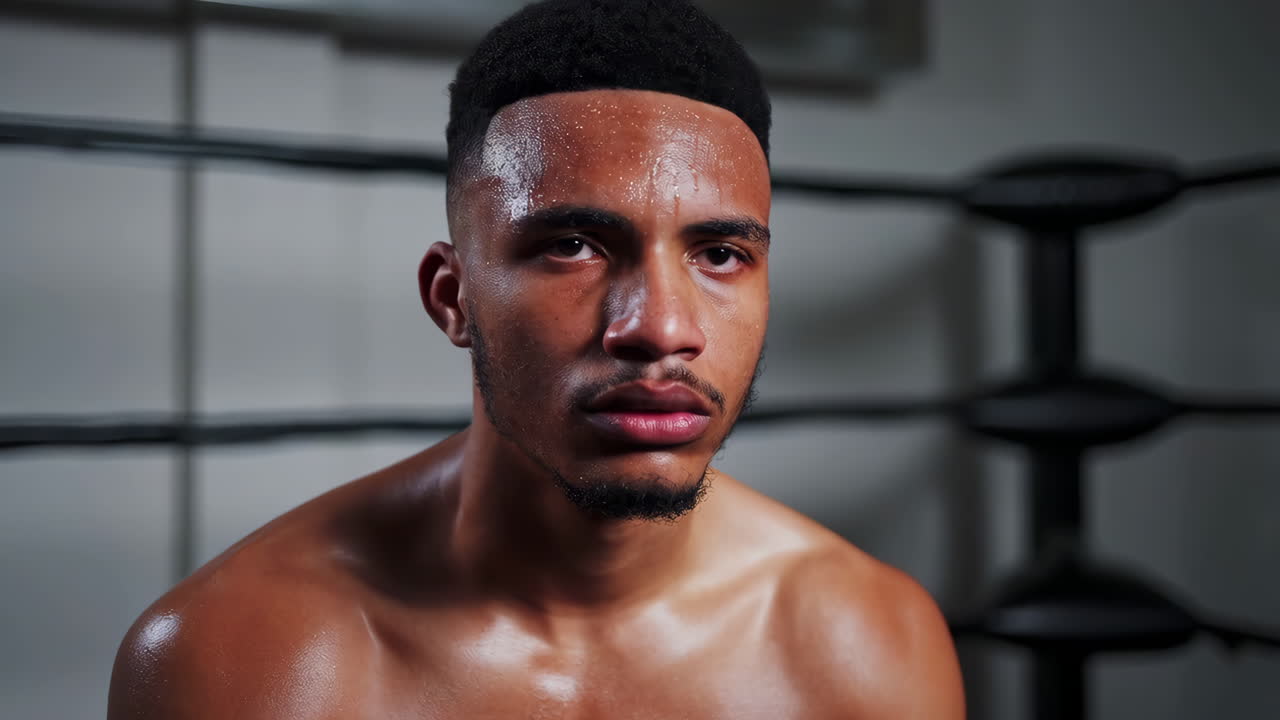 Close-up Portrait of a Sweaty Boxer in the Ring