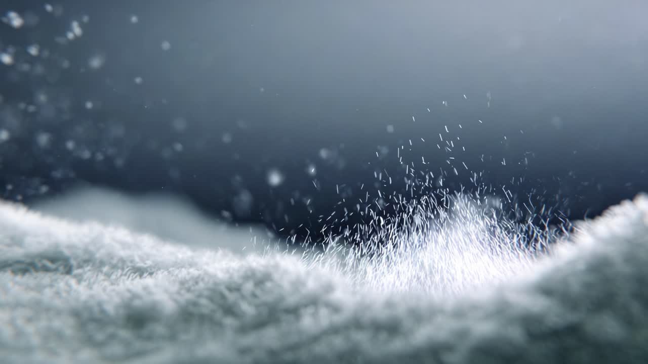 Captivating close-up of fine water droplets cascading over soft surfaces, highlighting dynamic movement and intricate details of moisture in the environment