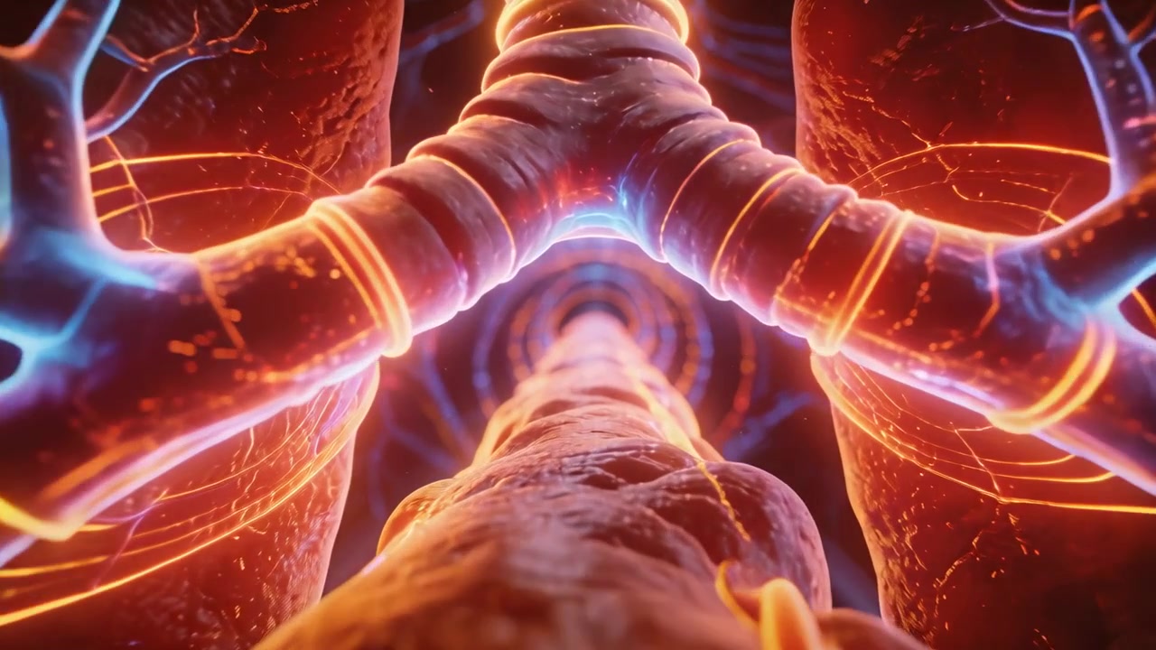 Gliding dolly pushing through trachea Y junction in airway tunnel, revealing blue orange filaments