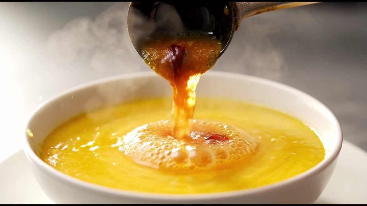 Pouring Hot Spiced Oil Tempering Over Yellow Lentil Soup