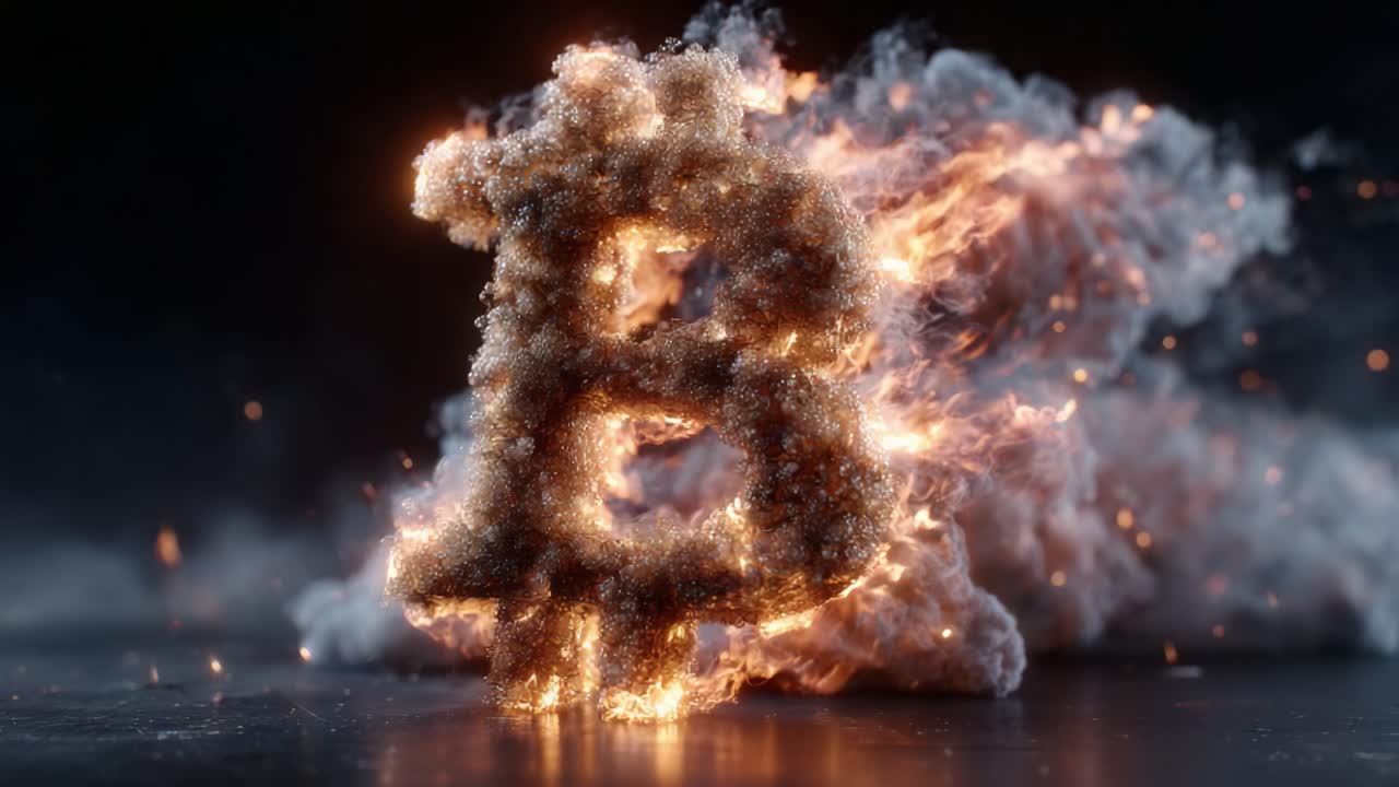 Dynamic Transformation of a Glowing Cryptocurrency Symbol: A Captivating Journey of Financial Innovation Through Fire and Smoke