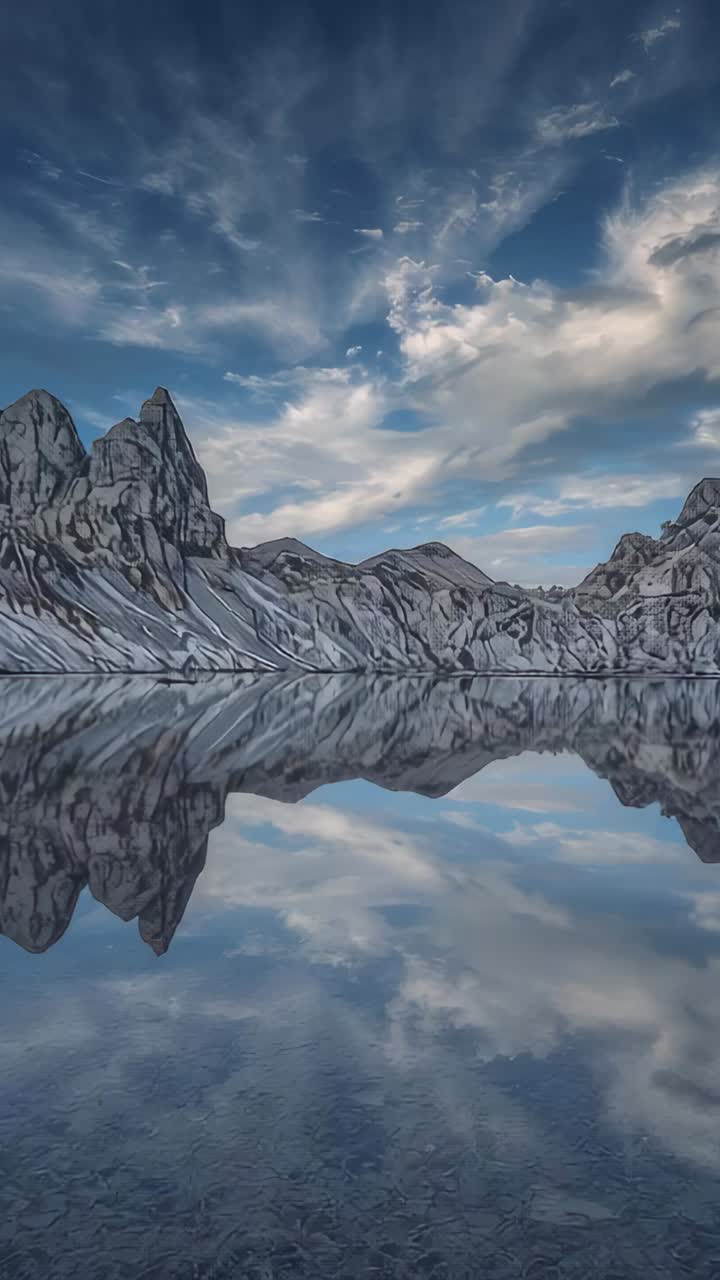 Video verticale: rivela montagne frastagliate che si specchiano in un tranquillo lago alpino, una lenta panoramica che approfondisce lo specchio
