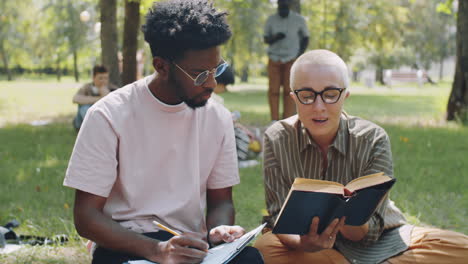 caucasian teacher and african student studying in park