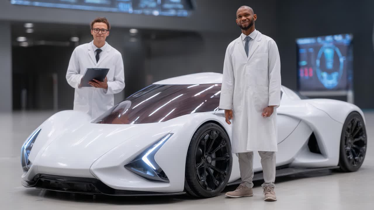 Innovative Automotive Engineering: Two Scientists Showcase a Cutting-Edge Concept Car Inside a High-Tech Laboratory Environment