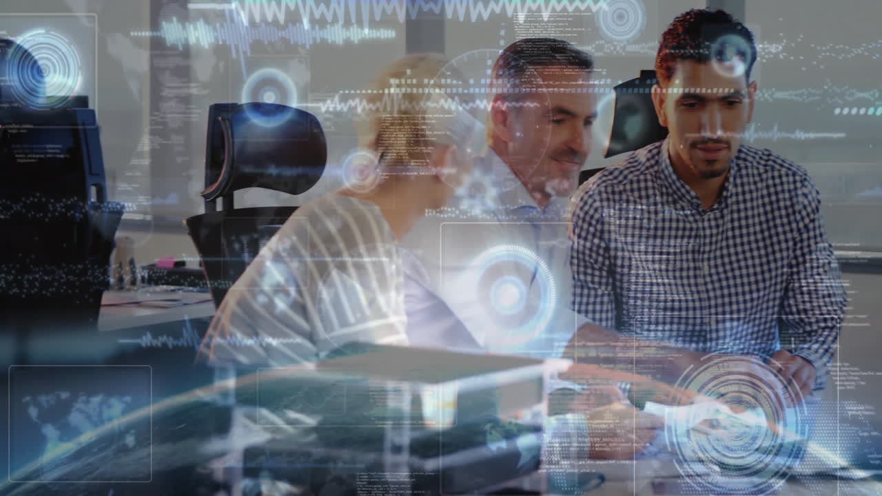 Collaborating in office, business professionals with digital data animation overlay