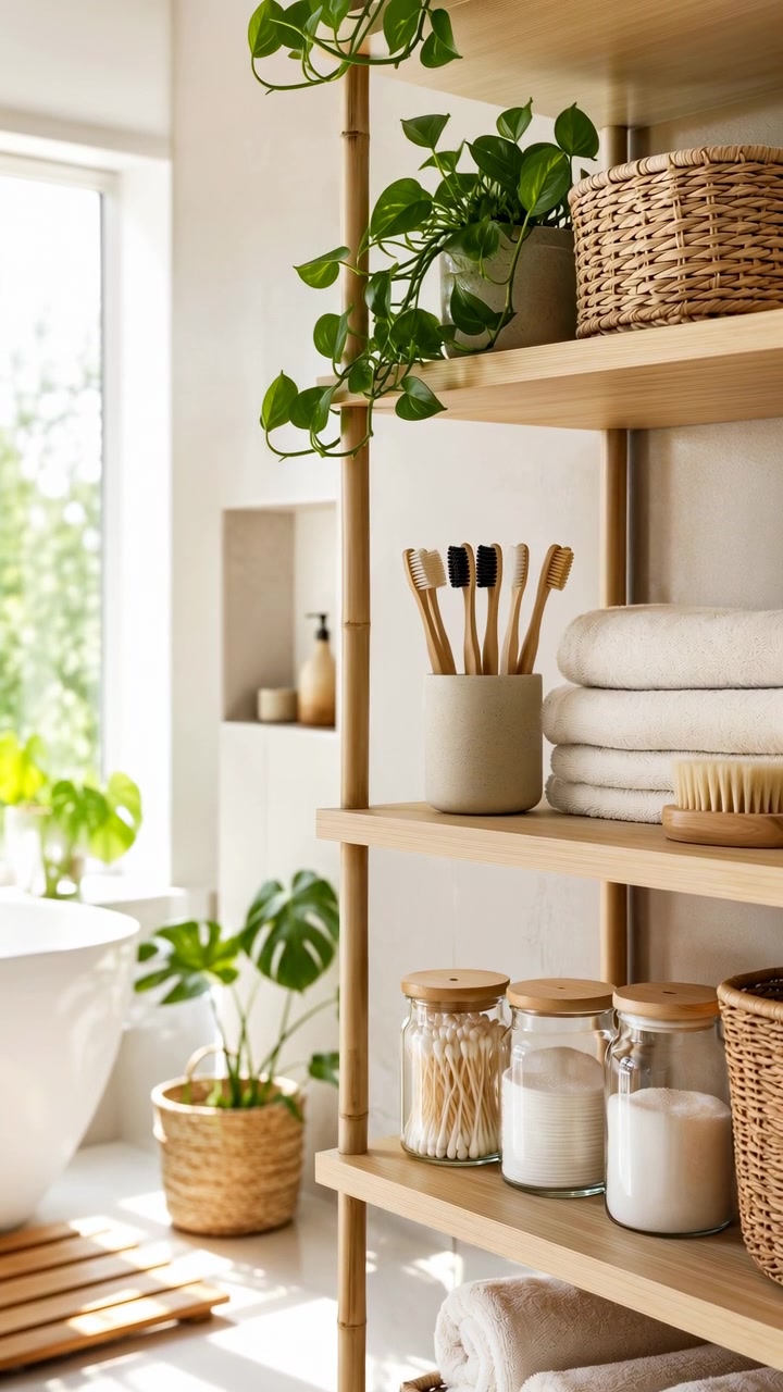 Interno di bagno luminoso che mostra scaffalature in legno con spazzolini da denti in bambù, asciugamani piegati, barattoli di vetro, un cesto intrecciato e una pianta verde ricadente, illuminato da una morbida luce diurna laterale per uno stile domestico pulito e calmo