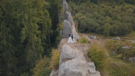 Newlyweds-stand-on-a-high-slope-of-the-mountain.-Groom-and-bride.-Aerial-view