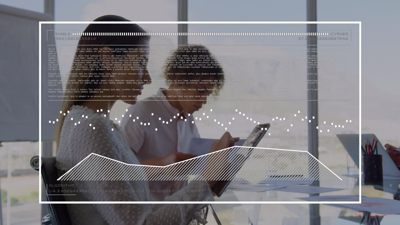 Animation of data processing over diverse colleagues working in office