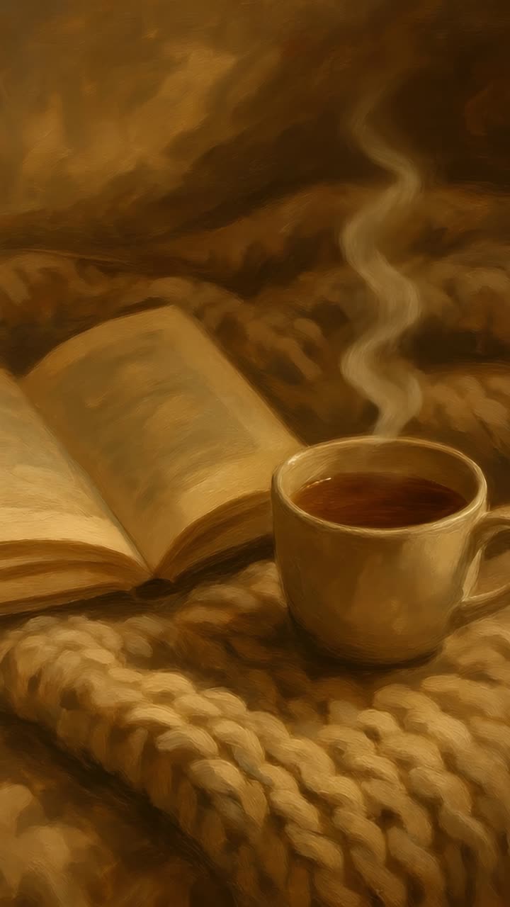 Warm, cozy scene with a steaming cup of coffee and an open book on a knitted blanket