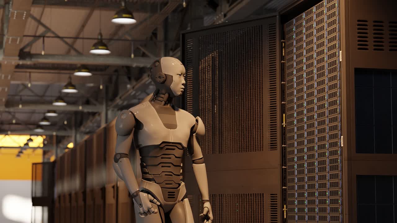 A Humanoid robot standing in data center and yellow lights with server racks and industrial ceiling. Artificial intelligence and robotics technology concept.banner, poster, wallpaper