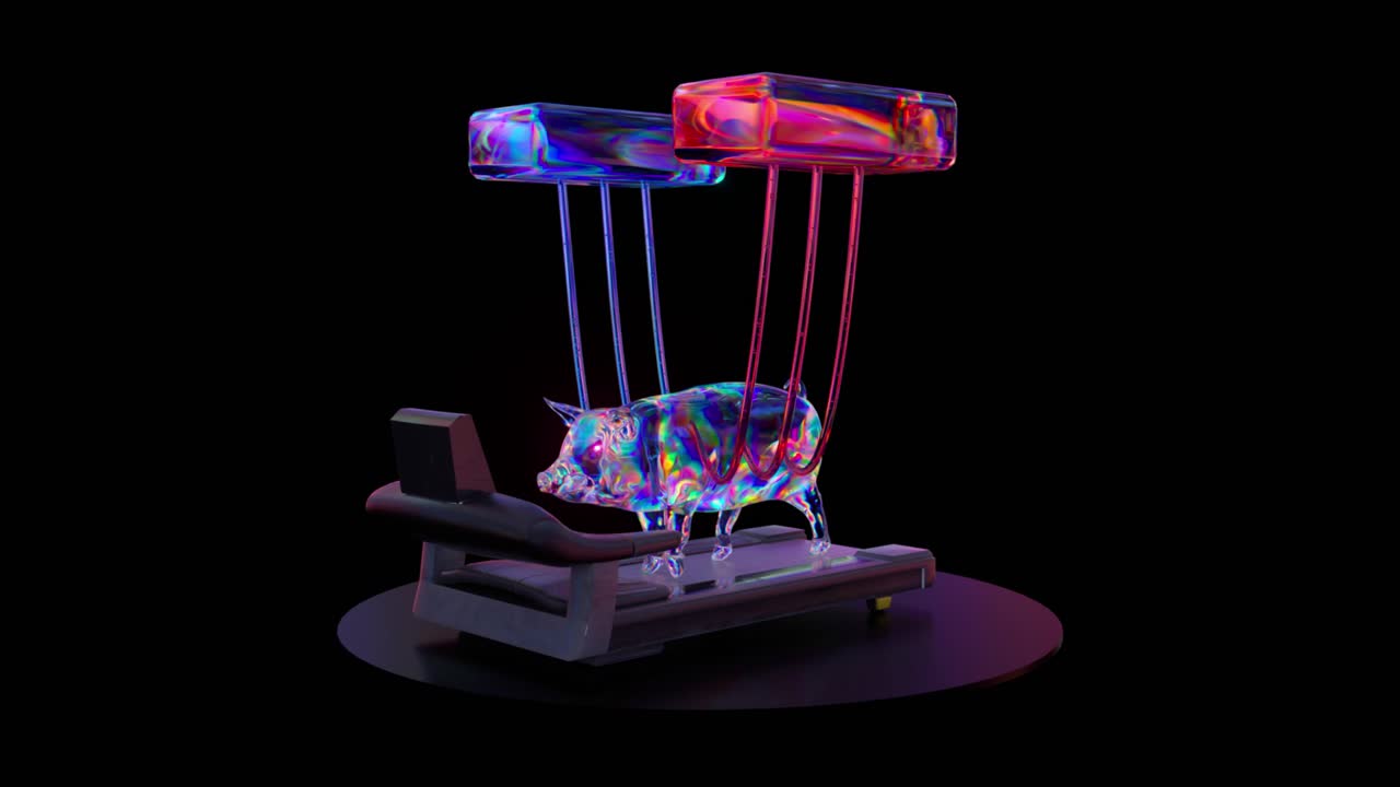 cerdo en una cinta de correr de neón