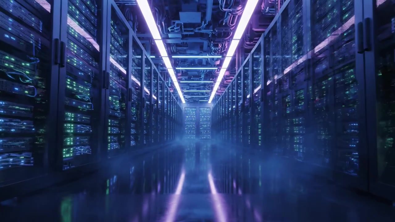 A Glimpse Inside a High-Tech Data Center: Illuminated Server Racks Flanked by a Corridor of Advanced Technology and Networked Devices, Showcasing Modern Computing Infrastructure