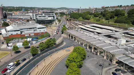 Drone-shot-of-Sheffield-Train-Station-and-ring-road-in-bright-summers-day