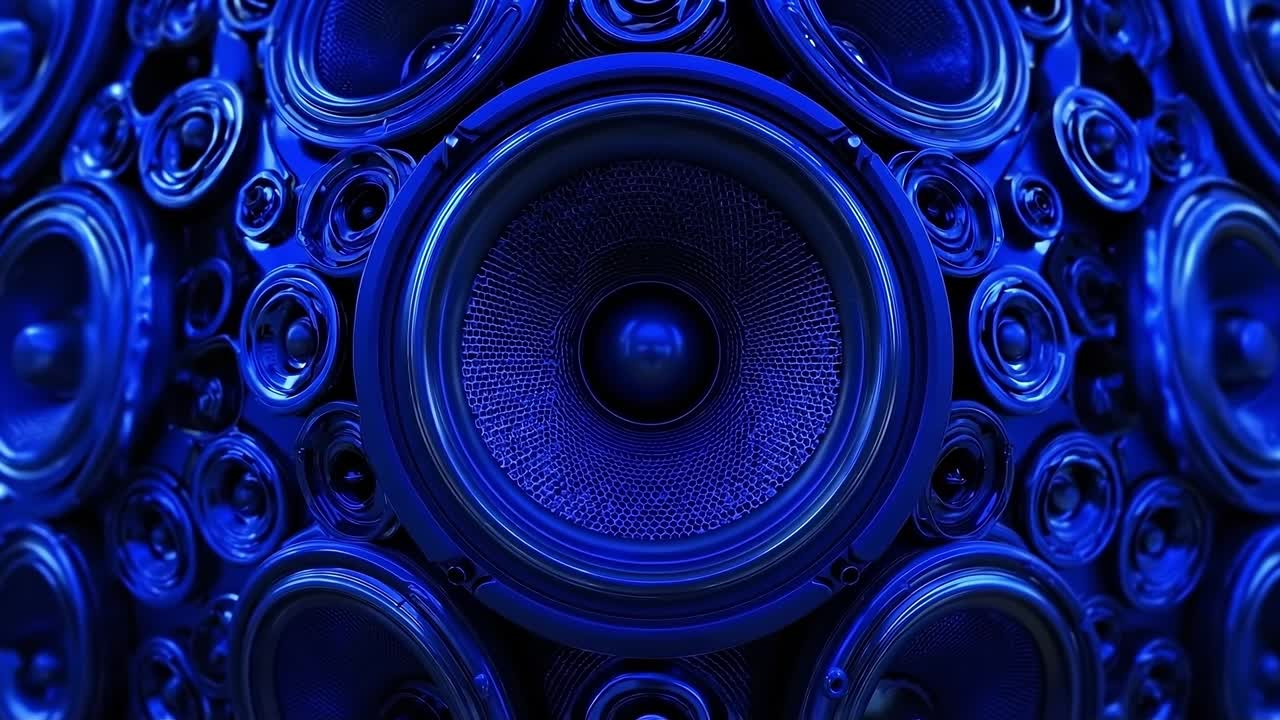 A close up of a blue speaker surrounded by many blue speakers
