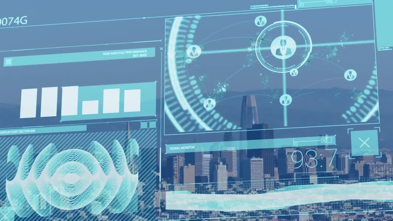 Animation of interface with data processing against aerial view of cityscape