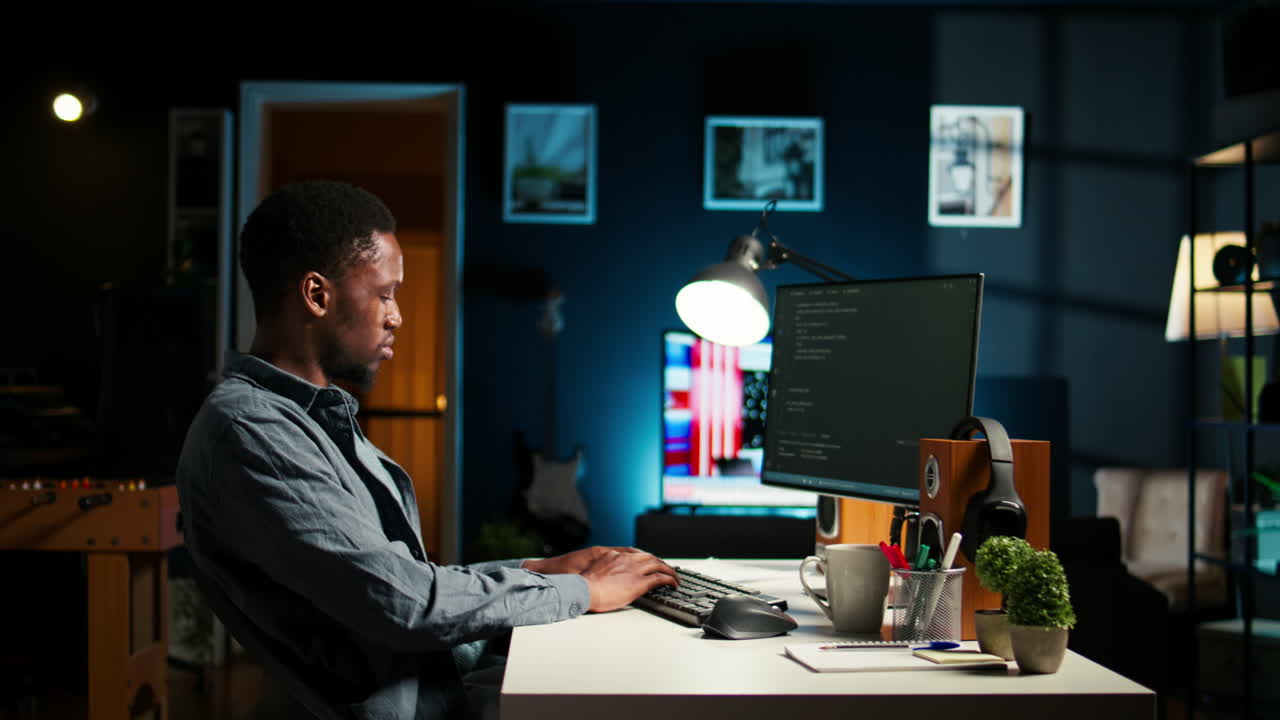 Afroamerikansk mand arbejder ved en pc med at skrive kode og programmere