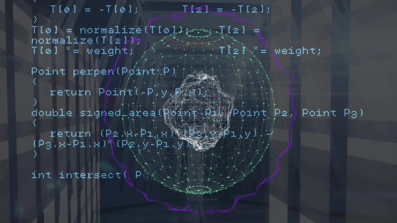 컴퓨터 서버를 통해 회전하는 데이터 처리 및 글로벌 네트워크의 애니메이션