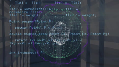 Animation-of-data-processing-and-global-network-rotating-over-computer-servers