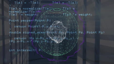 animación del procesamiento de datos y la red global que gira sobre servidores de computadoras
