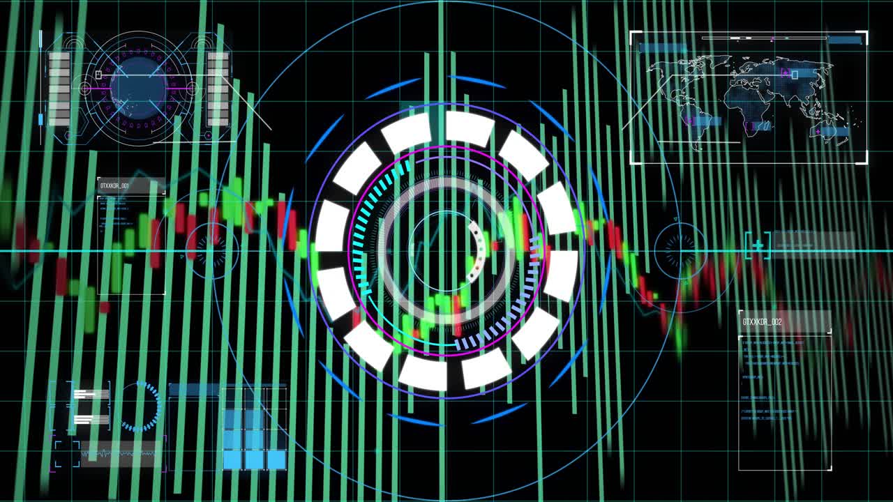 HUD appearing over candles, rotating rings pulsing, aiming cluster while bars pulsing, showing data