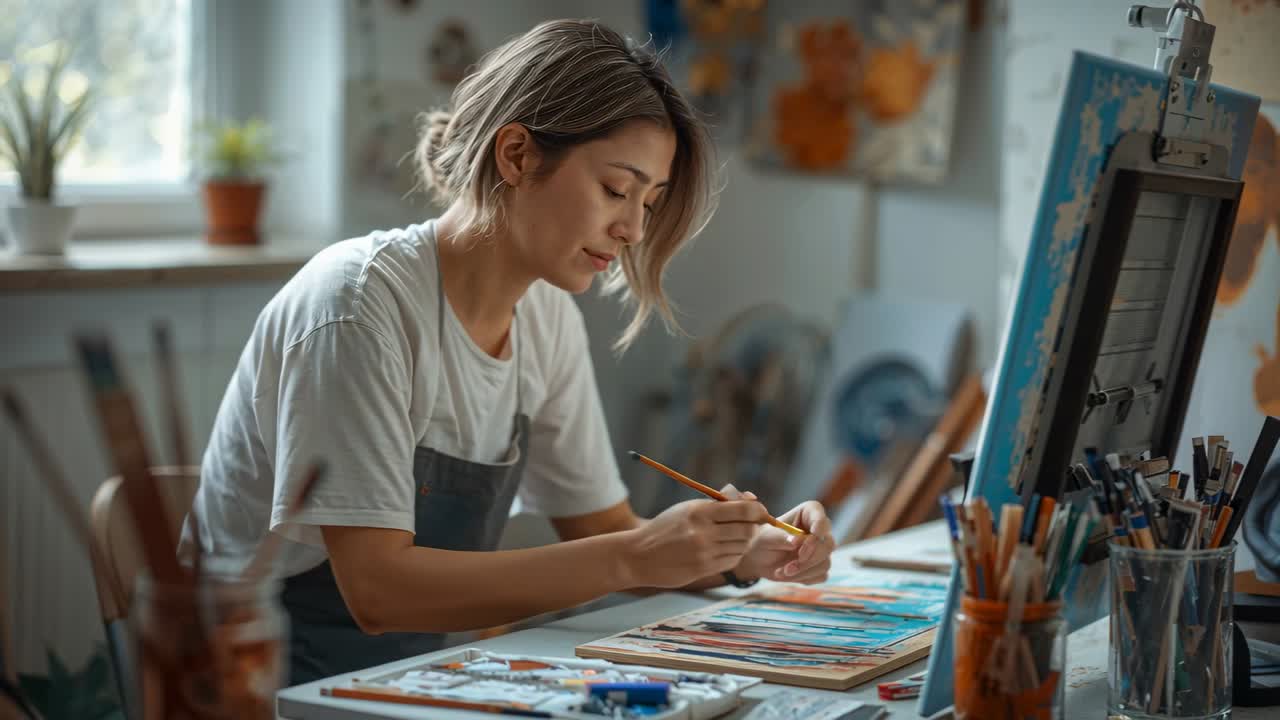 Vertical video: Woman artist reaching palette dipping brush applying art marks on panels finishing