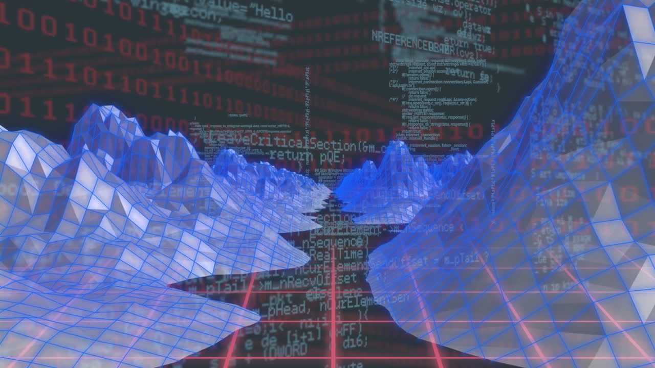 Animation of data processing over digital mountains on black background